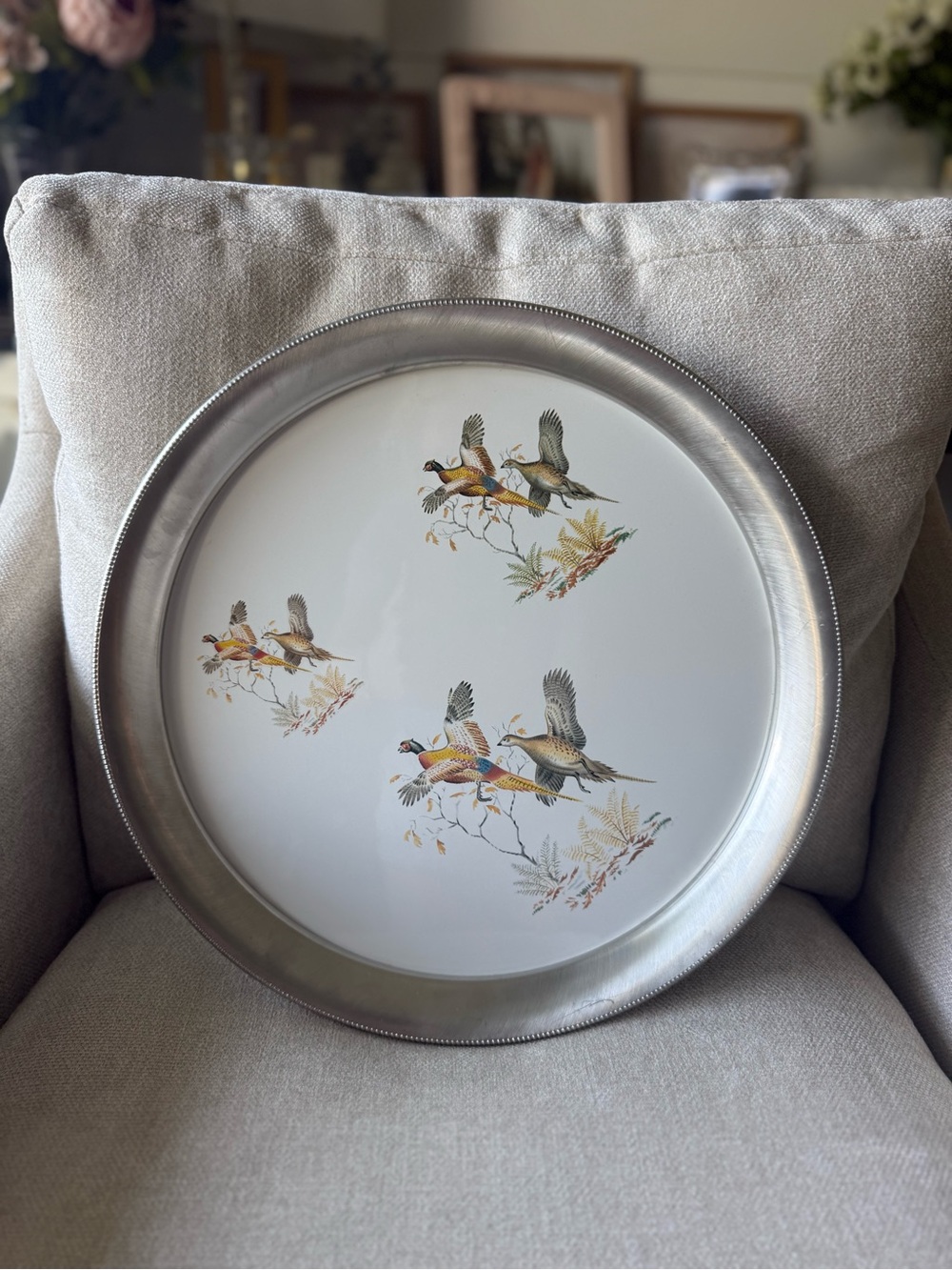Vintage Revere Pewter Decorative Round Pheasant Flight Serving Tray